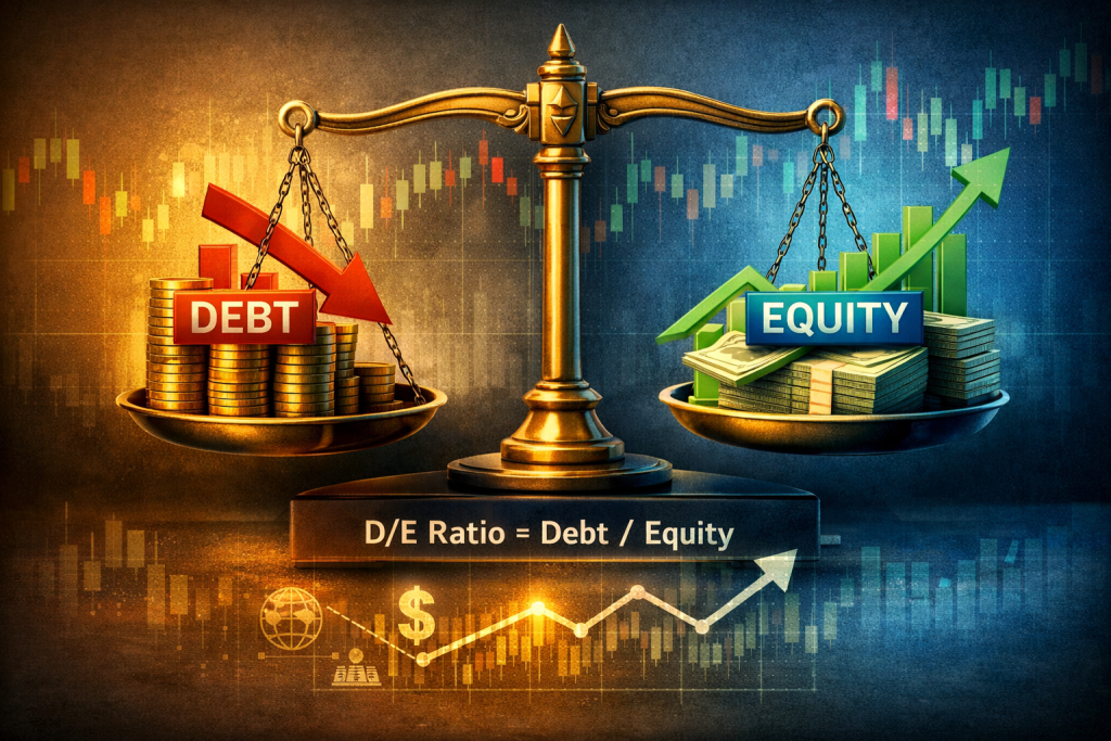 Debt-to-equity ratio illustration with scales showing debt vs equity and arrows representing financial leverage