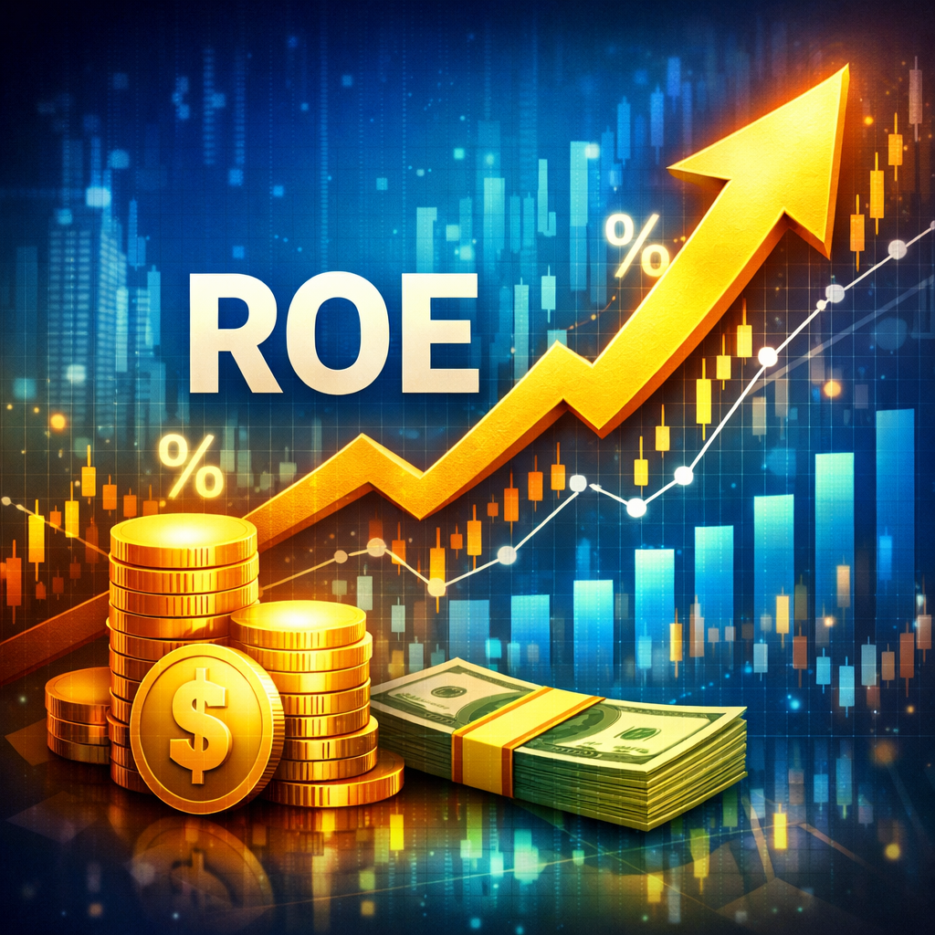 Return on equity (ROE) illustration featuring an upward arrow, coins and a rising chart signifying profitability.