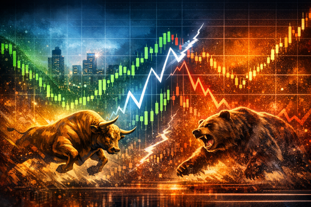 Illustration of bulls and bears with market chart representing stock price volatility (beta) indicator