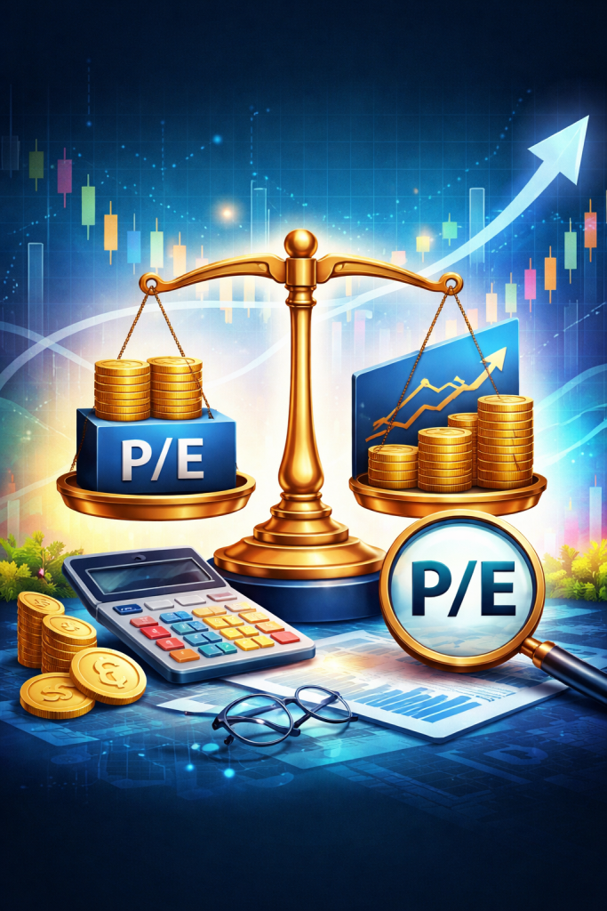 Abstract illustration representing the price-to-earnings (P/E) ratio for stocks, featuring scales and an upward arrow