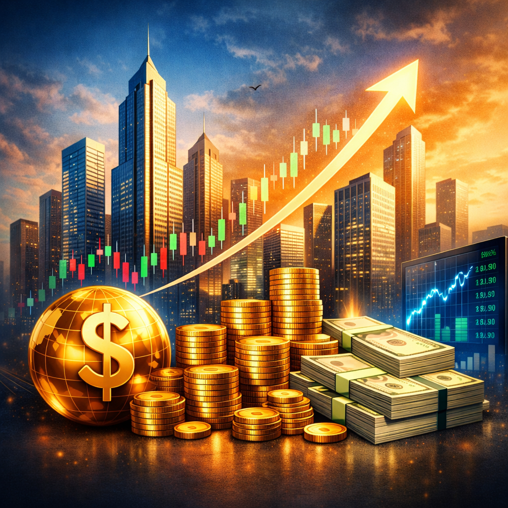 Illustration of trading volume indicator showing city skyline with bars, candlesticks, and upward arrow representing high market activity