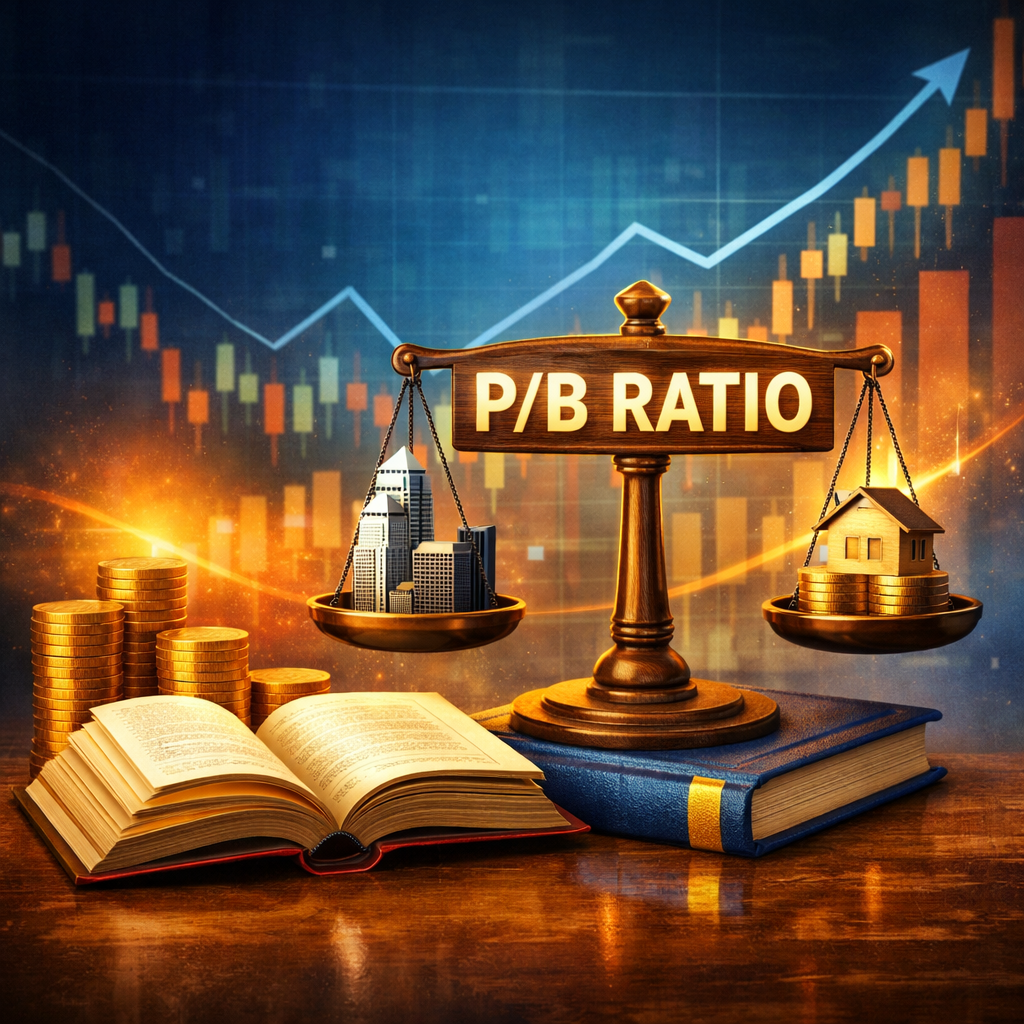 Abstract illustration representing the price-to-book (P/B) ratio indicator for stocks, featuring scales and an upward trend