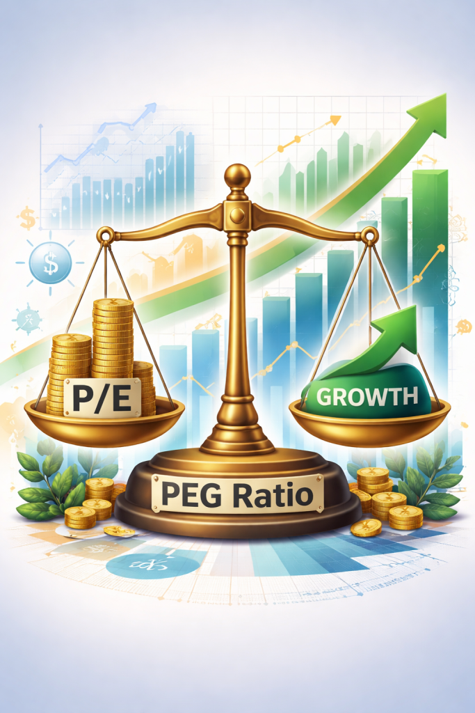 Abstract illustration representing the price-to-earnings-to-growth (PEG) ratio with scales, financial charts, and an upward arrow highlighting growth and valuation.